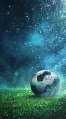 Soccer ball sitting on the grass in the rain, sport background