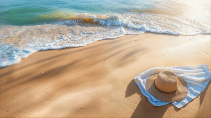 Hat on Sandy Beach with Blanket and Waves