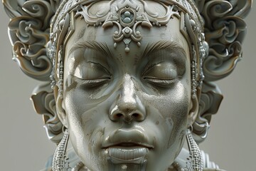 Fototapeta premium Silver Seraph: Hyper-Realistic 8K Digital Art of Ethereal Woman