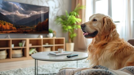 A photo of a cute golden retriever sitting on a sofa in a cozy living room, with a TV on in the background, an atmosphere of homeliness and comfort