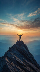 A lone person stands on top of a big mountain with hands towards the sky as to celebrate their achievement