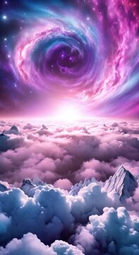 Cosmic fantasy landscape with clouds, galaxies and mountains, colorful vertical loop backgrounds