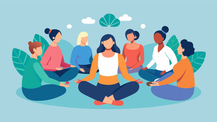 A gathering of individuals all with different beliefs and backgrounds coming together in a community meditation circle and finding common ground in the present moment.. Vector illustration
