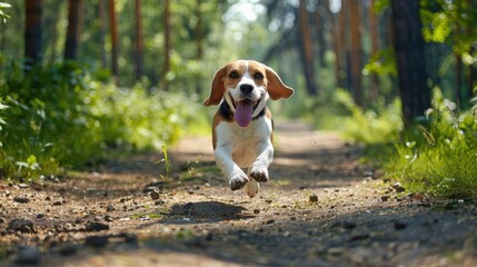 An energetic beagle, running along a forest path with its tongue hanging out, the road is surrounded by green trees and shrubs