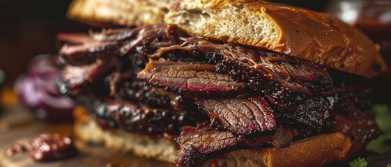 A texas brisket sandwich close up, food design, dynamic, dramatic compositions, with copy space. 