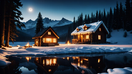 A wooden cottage situated near a frozen lake, with a campfire burning on the shore. The moonlight reflects off the icy surface of the lake, creating a serene, mystical atmosphere. The cottage's window