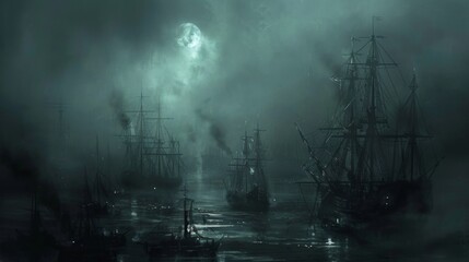 Haunting Moonlit Ships in Foggy Night Sea