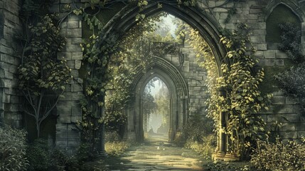 Ancient Ruins with Ivy-Covered Arches in Serene Forest