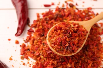 Chili pepper flakes and pod on white wooden table, closeup