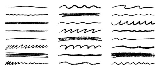 Chalk lines, charcoal highlight strokes doodle set. Pencil underlines, kids crayon strips, brush line in sketch style. Grunge texture. Hand drawn vector illustration isolated on white background © AnyaLi