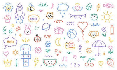 Cute kids elements, preschool kindergarten doodle icons set. Daycare, children drawings, flower, rainbow, cloud, sun, heart in sketch style. Hand drawn vector illustration isolated on white background