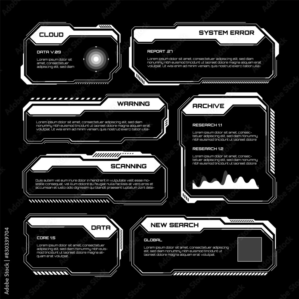 Poster White futuristic HUD, UI elements. Sci-fi user interface text boxes, callouts. Warning message frames, information boxes template. Modern game interface layout in digital style. Vector illustration