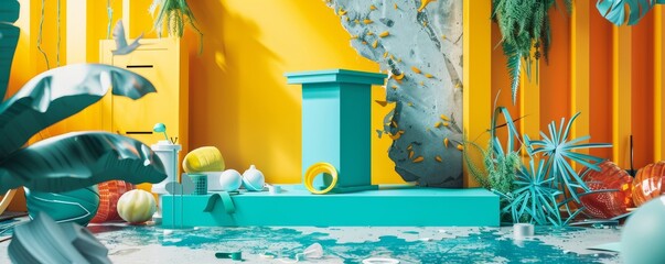 Striking pop-art styled mockup with a vibrant podium and abstract elements