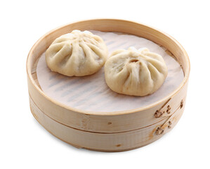 Delicious bao buns (baozi) in bamboo steamer isolated on white