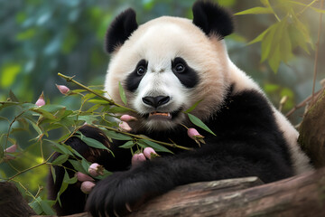 Naklejka premium Cute adorable kawaii panda living in the bamboo forest