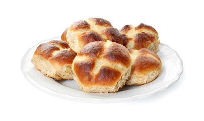 Tasty hot cross buns isolated on white
