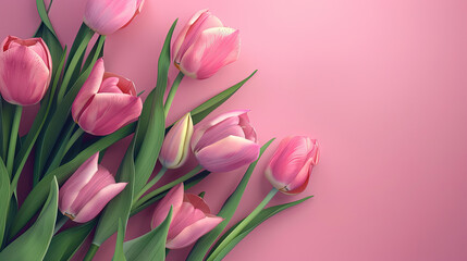 Obraz premium Elegant tulips bloom in the corner of copy space, seen from above or top view, leaving plenty of copy space for creative ideas
