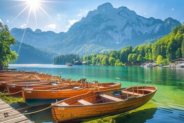 scenic boat station on mountain lake in fussen germany sunlight on boats travel photo