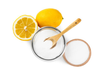 Baking soda and lemons isolated on white, top view
