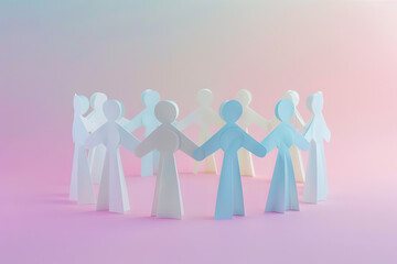 Unity in Paper: White Figures Holding Hands on a Pastel Background