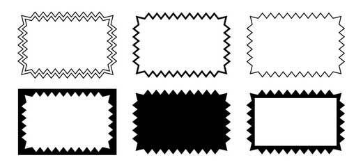Set of rectangle frames and shapes with zigzag edges. Blank text boxes or banners, tags or labels rectangular shapes with jagged borders isolated on white background. Vector graphic illustration.