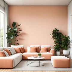 Living Room in Trendy Peach Fuzz Color for 2024, Pastel Wall Accent with Ivory Shades and Creamy White Luxury Furniture