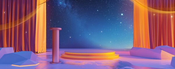 Vivid pop-art design with central podium and curtains under a starry sky