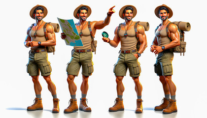Dynamic digital illustration of a handsome male hiking guide in various poses showcasing outdoor expertise and leadership amidst nature settings