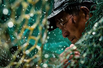 Fisherman repairing net in rain, close-up of skilled artisan at work