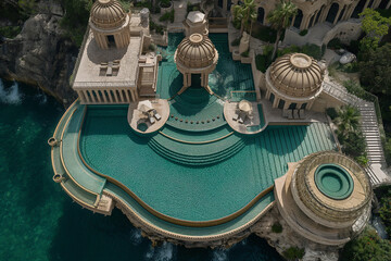 An elevated perspective showcases a stunning resort featuring a sparkling pool surrounded by lush greenery and elegant architecture