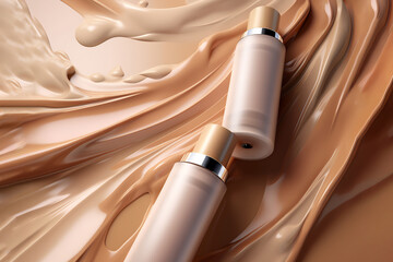 Naklejka premium Bottle of makeup foundation and samples on beige background. Cosmetic product presentation. Luxury flying liquid in motion. Feminine copy space, nude, brown template