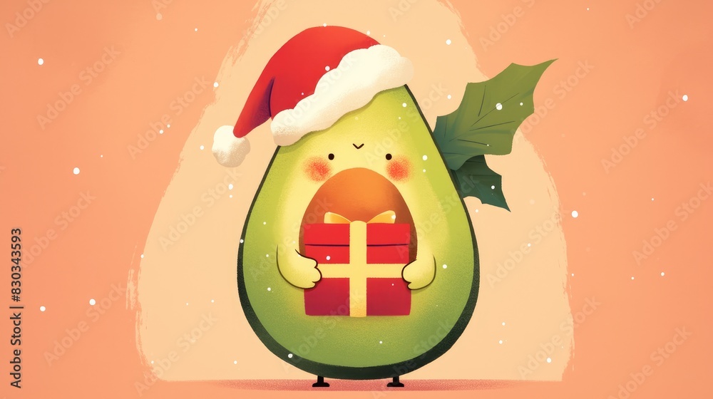 Sticker Flat 2d illustration of a charming avocado donning a Santa hat and holding a festive present