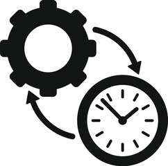 Black silhouette vector of a gear and clock symbolizing time management and productivity