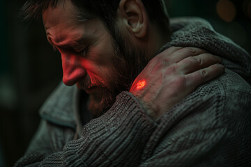 Man in Gray Sweater Examines Glowing Red Wound on Shoulder at Night
