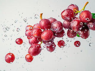 photography of GRAPES falling from the sky, hyperpop colour scheme. glossy, white background Grapes isolated. A bunch of ripe blue grapes with leaves in water drops on a white background.