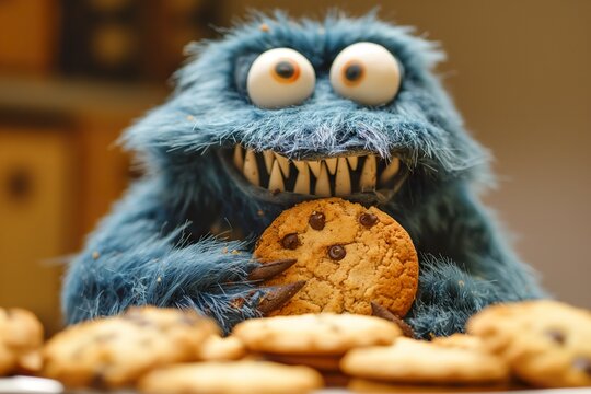 A cute, blue monster joyfully holds and munches on a chocolate cookie.