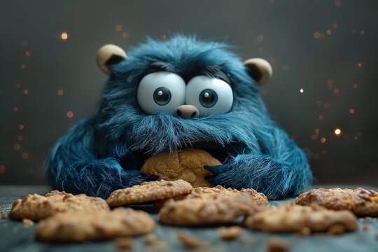 Playful blue monster happily munches on a chocolate chip cookie, eyes wide open in excitement.