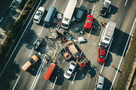 Above, multiple vehicles on highway in disastrous collision.