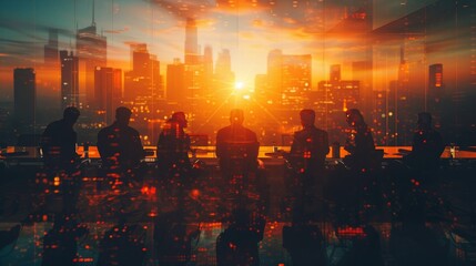 Obraz premium Double Exposurem Digital Identity and Business Meeting with City Skyline