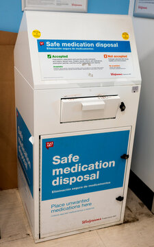 Safe container for medication disposal found in Walgreens Drugstore. St Paul Minnesota MN USA