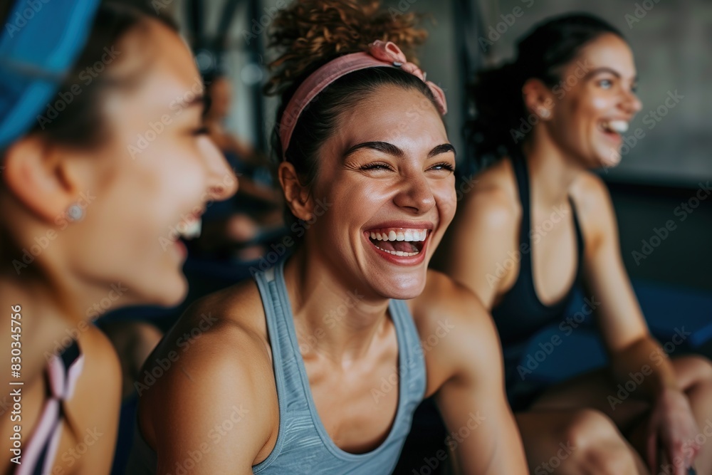 Poster Fitness, laughing and friends at the gym for training, pilates class and happy for exercise at a club. Smile, sport in a group for a workout, cardio or yoga on a studio wall