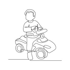 One continuous line drawing of a child is playing with toy cars in the house vector illustration.  Children playing activity in simple linear style vector design concept. Toys technology for children.