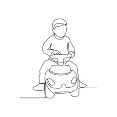 One continuous line drawing of a child is playing with toy cars in the house vector illustration.  Children playing activity in simple linear style vector design concept. Toys technology for children.