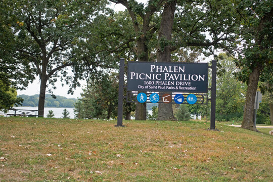 Sign noting the location of the Phalen Picnic Pavilion overlooking Lake Phalen. St Paul Minnesota MN USA