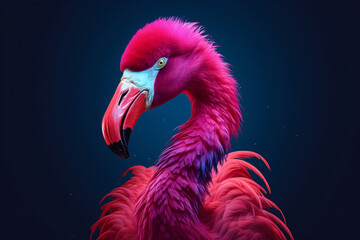 Portrait of a flamingo on a blue green background. Emotive portrait. Looking at the camera