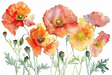 vibrant poppy bouquet quartet watercolor wildflower symphony on pure white floral illustration