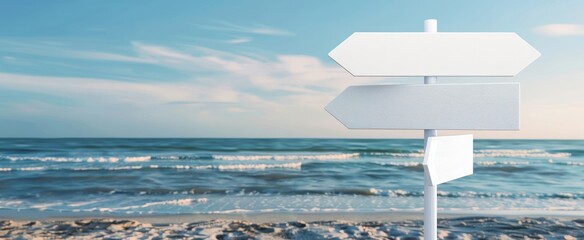 Three white blank road signs pointing in different directions on beach background with copy space, ultra realistic photography