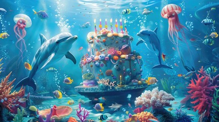 Birthday cake with candles, birthday party in underwater world. 3D illustration.
