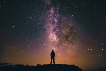 Fototapeta premium Starry sky with a person standing on a hill looking up at the stars