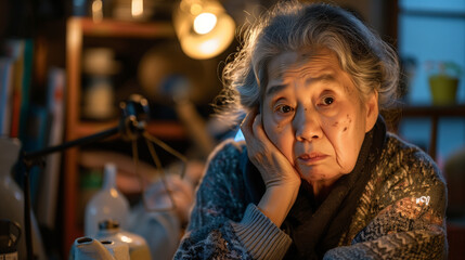 困った表情のアジア人高齢女性